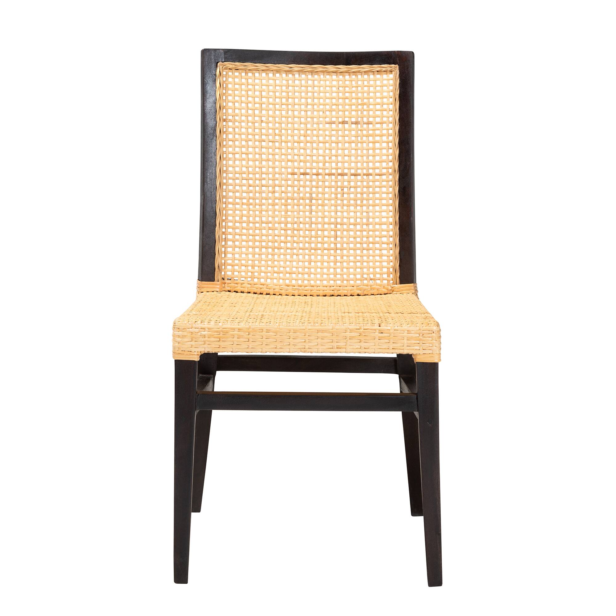 Angle. bali & pari - Lingga Modern Bohemian Mahogany Wood and Natural Rattan Dining Chair - Dark Brown/Natural Brown.