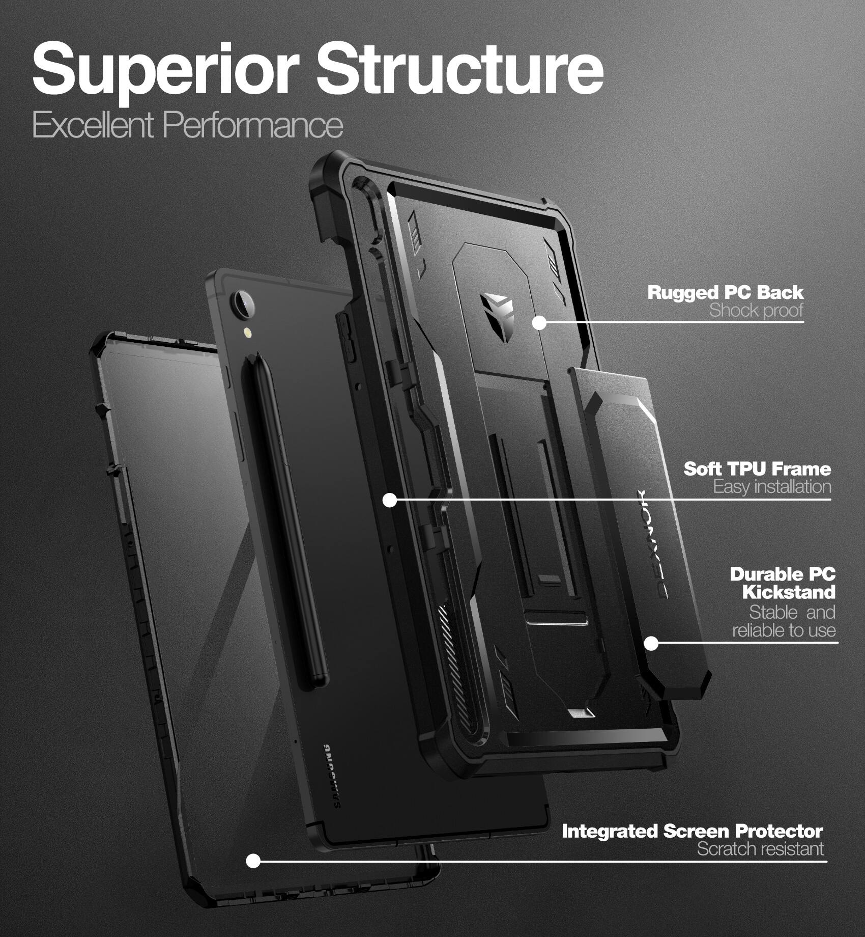 Superior Structure  
Excellent Performance  

- Rugged PC Back  
  Shock proof  

- Soft TPU Frame  
  Easy installation  

- Durable PC Kickstand  
  Stable and reliable to use  

- Integrated Screen Protector  
  Scratch resistant