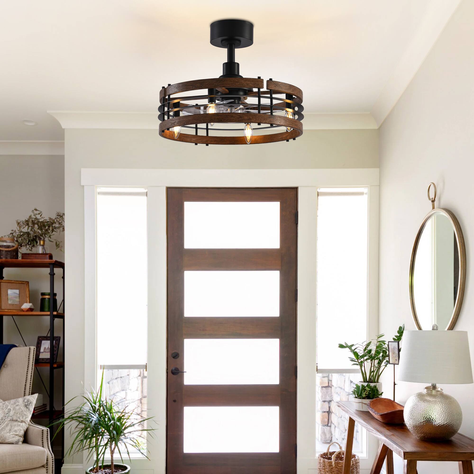 Alt View 2. Breezary - 20-Inch Cage Ceiling Fan with E12 Lights, 5-Blade DC Motor, 6-Speed Remote, Downrod Mount, Timer - 20-inch black.