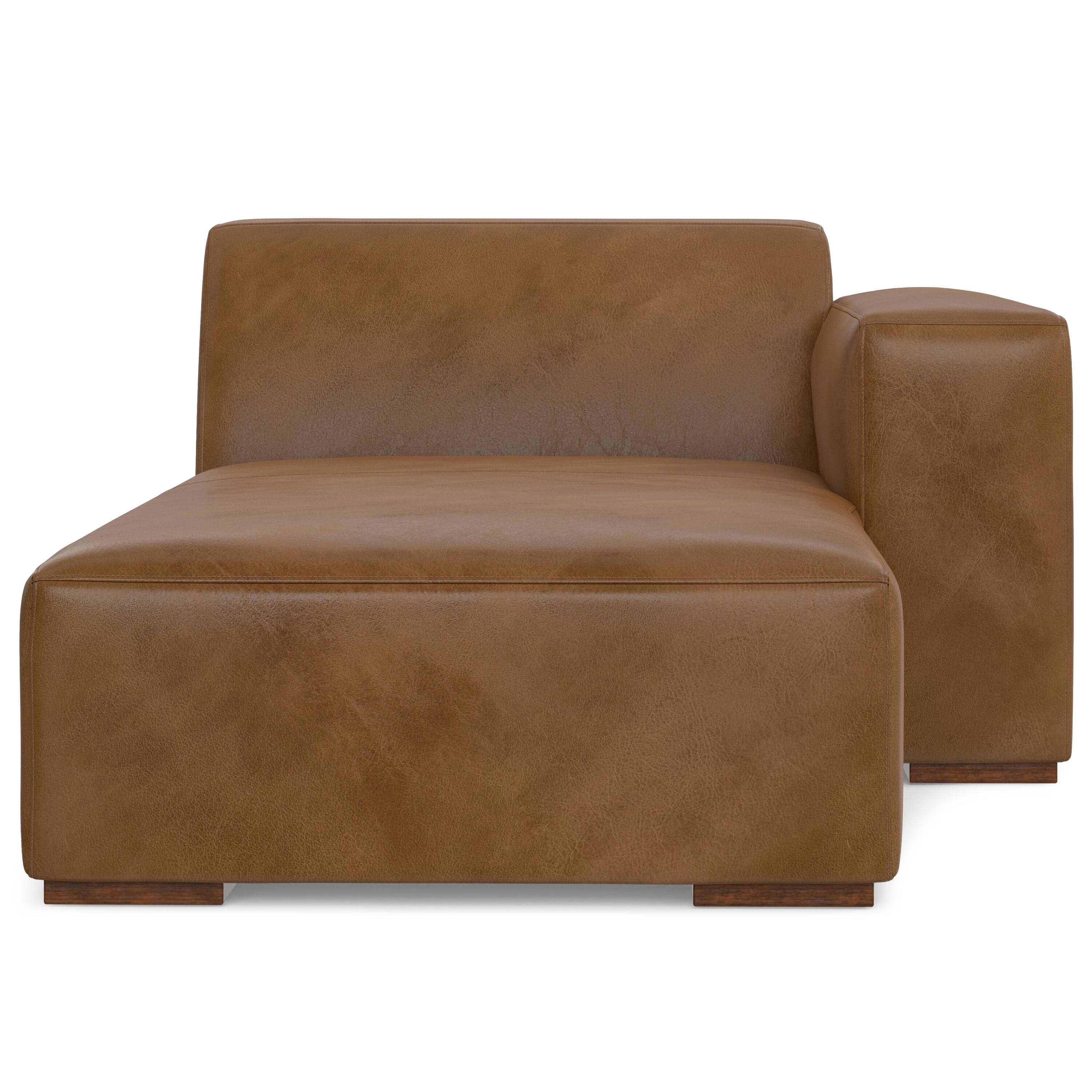 Left. Simpli Home - Rex Right Chaise Sofa Module in Genuine Leather - Caramel Brown.