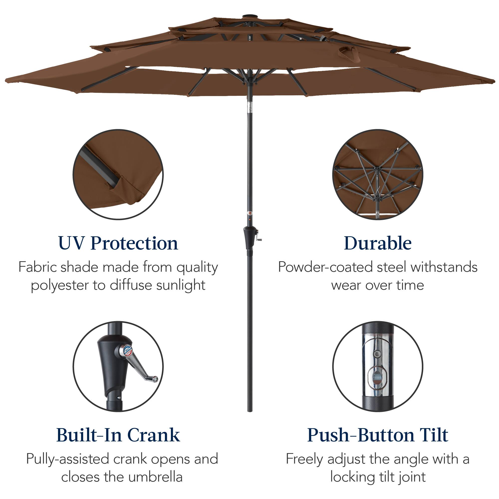 UV Protection Fabric shade made from quality polyester to diffuse sunlight. Durable Powder-coated steel withstands wear over time. Built-In Crank: Pulley-assisted crank opens and closes the umbrella. Push-Button Tilt: Freely adjust the angle with a locking tilt joint.