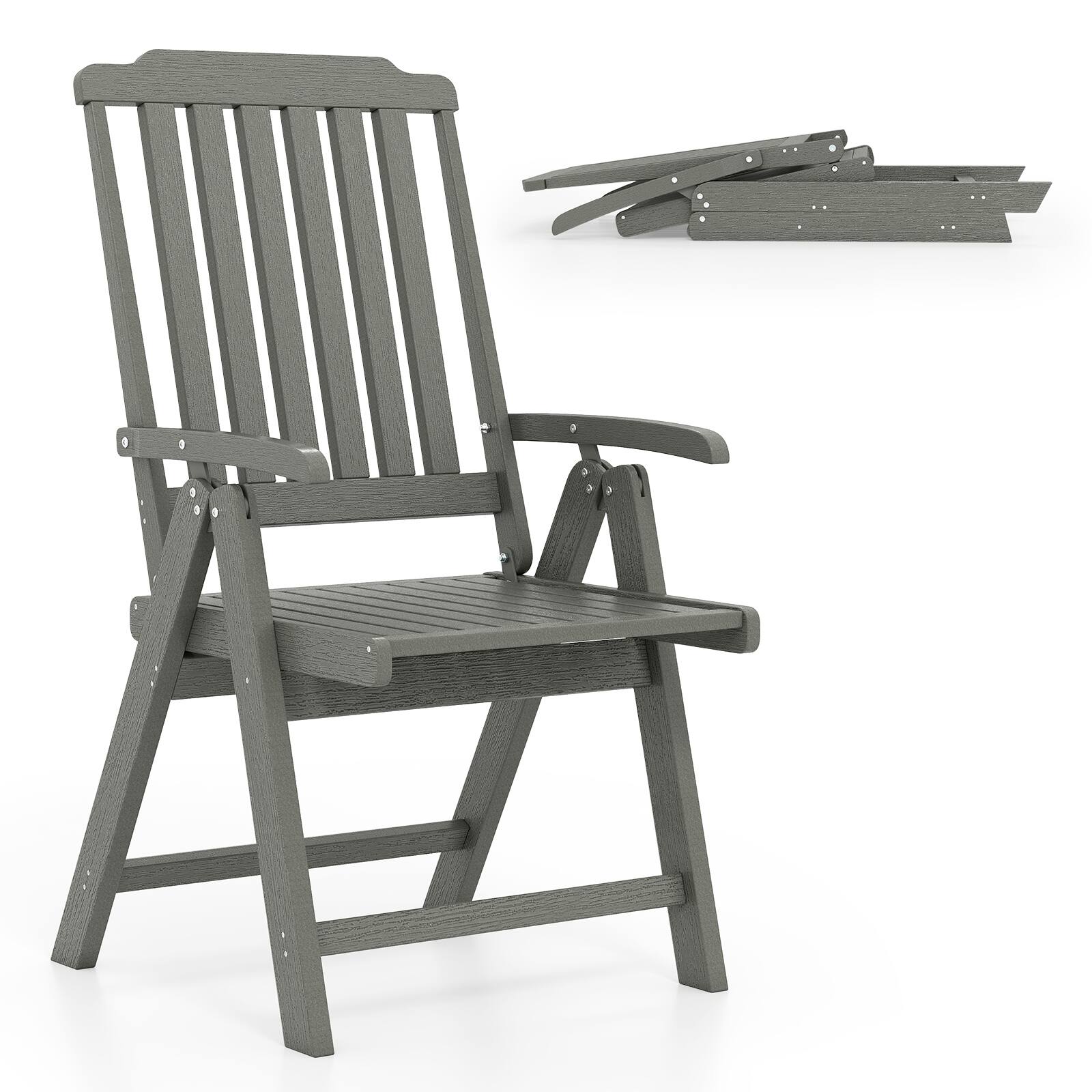 Alt View 9. Gymax - Gymax 4PCS Foldable Patio Chair w/Armrest Curved Back Slatted Seat for Backyard Deck Gray - Grey.