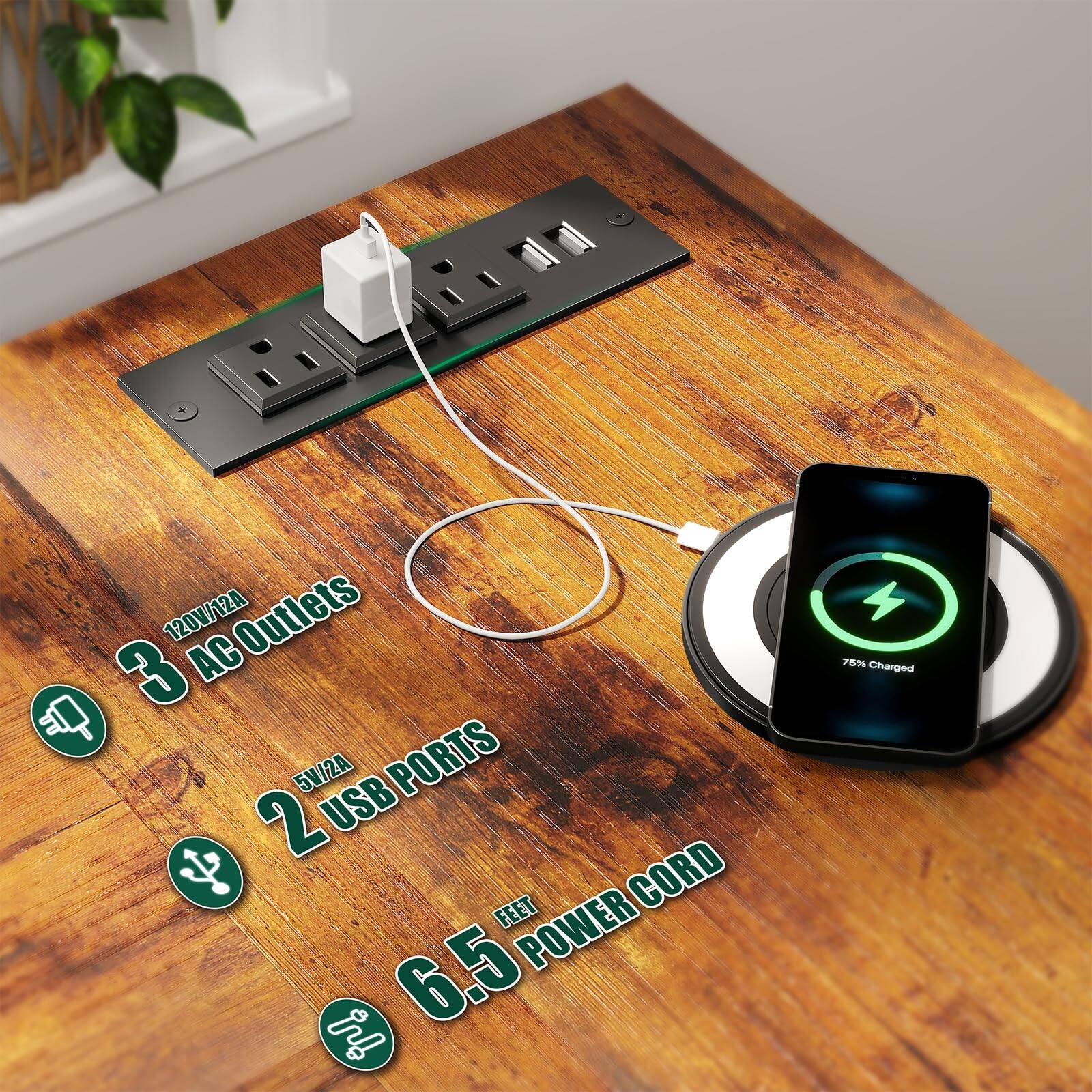 - 3 AC Outlets (120V/12A)
- 2 USB Ports (5V/2A)
- 6.5 FT Power Cord
- 75% Charged