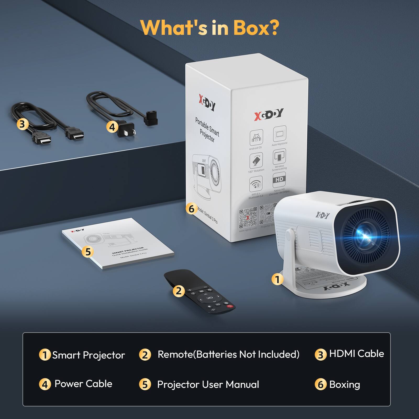 What's in Box?

1. Smart Projector
2. Remote (Batteries Not Included)
3. HDMI Cable
4. Power Cable
5. Projector User Manual
6. Boxing