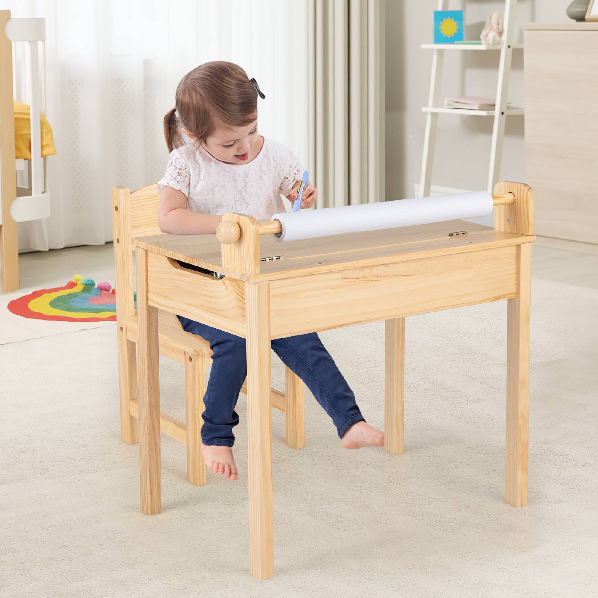 Alt View 4. Costway - Costway Toddler Multi Activity Table with Chair Kids Art & Crafts Table with Paper Roll Holder - Natural.