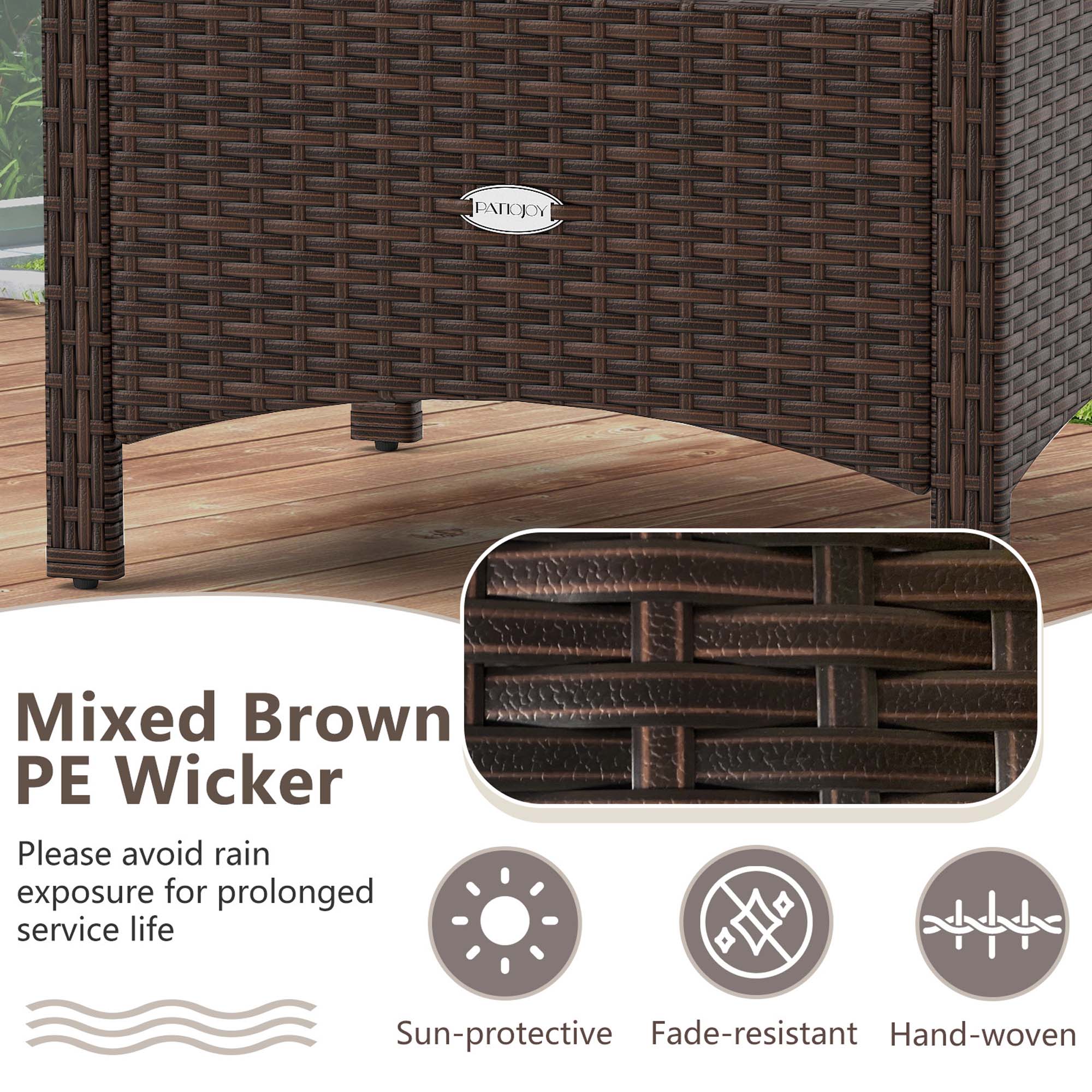 Pany Mixed Brown PE Wicker: Please avoid rain exposure for prolonged service life. Sun-protective, fade-resistant, hand-woven.