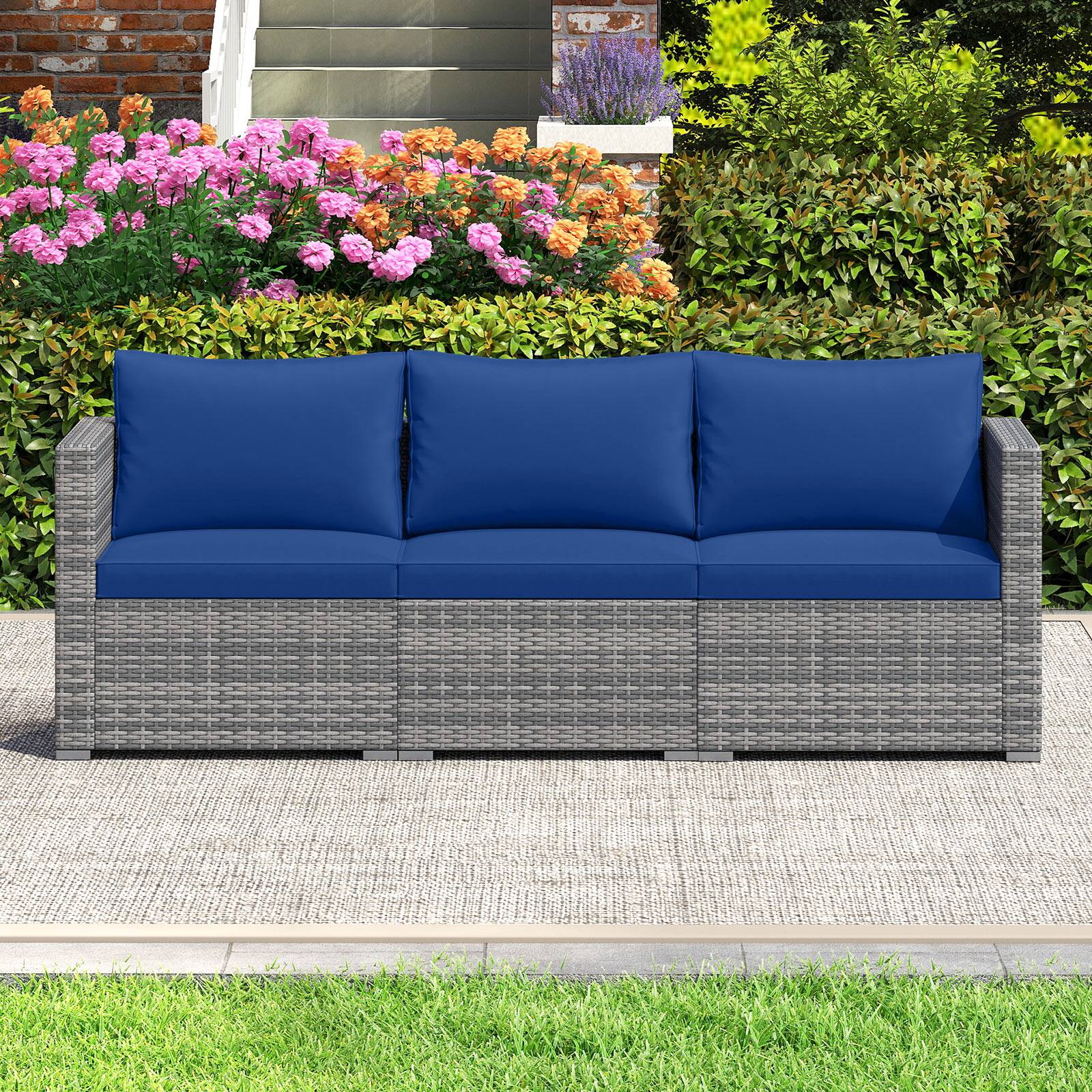 Alt View 4. Gymax - Gymax Set of 3 Patio Sectional Sofa Set PE Rattan Modular Couch Furniture Set w/Cushions Navy - Blue.