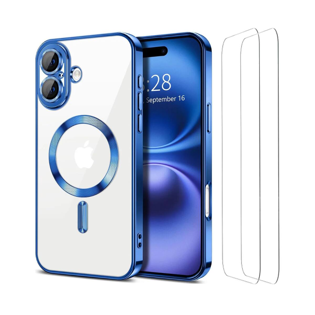 Entronix - Premium Bundle for iPhone 16 - Magnetic Luxury Glossy Case with 2 Clear Screen Protectors - Blue