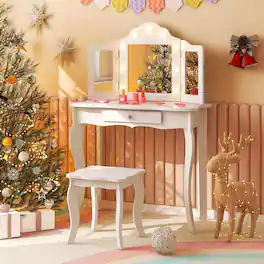 Costway - Kid Vanity Table Stool Set Tri-Folding Mirror Adjustable 3-Color LED Light - White