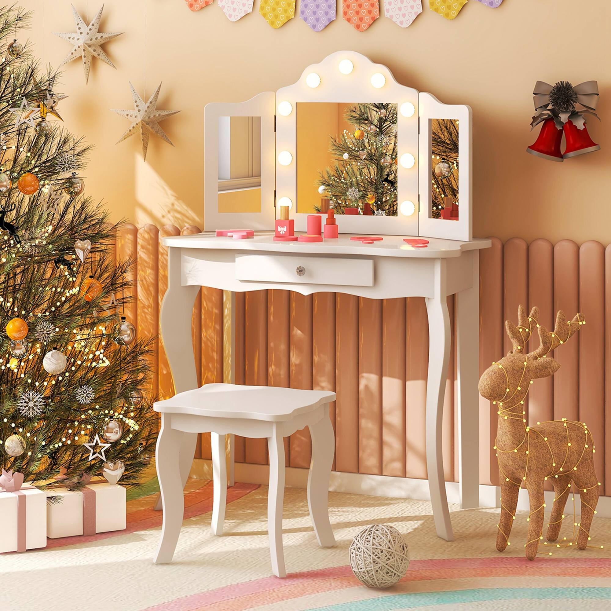 Alt View 1. Costway - Costway Kid Vanity Table Stool Set Tri-Folding Mirror Adjustable 3-Color LED Light - White.