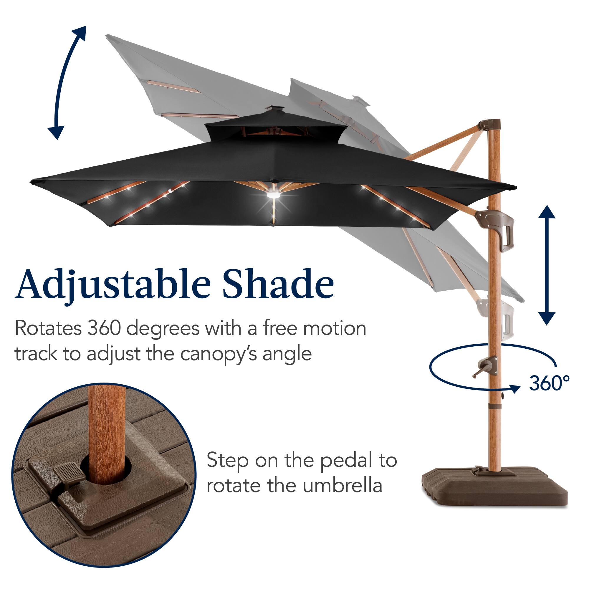 Adjustable Shade Rotates 360 degrees with a free motion track to adjust the canopy's angle. Step on the pedal to rotate the umbrella.