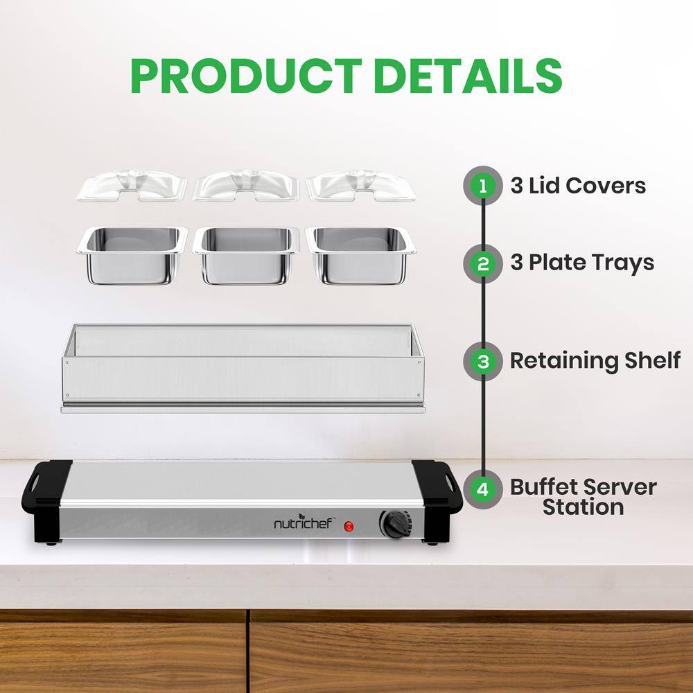 PRODUCT DETAILS

1. 3 Lid Covers  
2. 3 Plate Trays  
3. Retaining Shelf  
4. Buffet Server Station