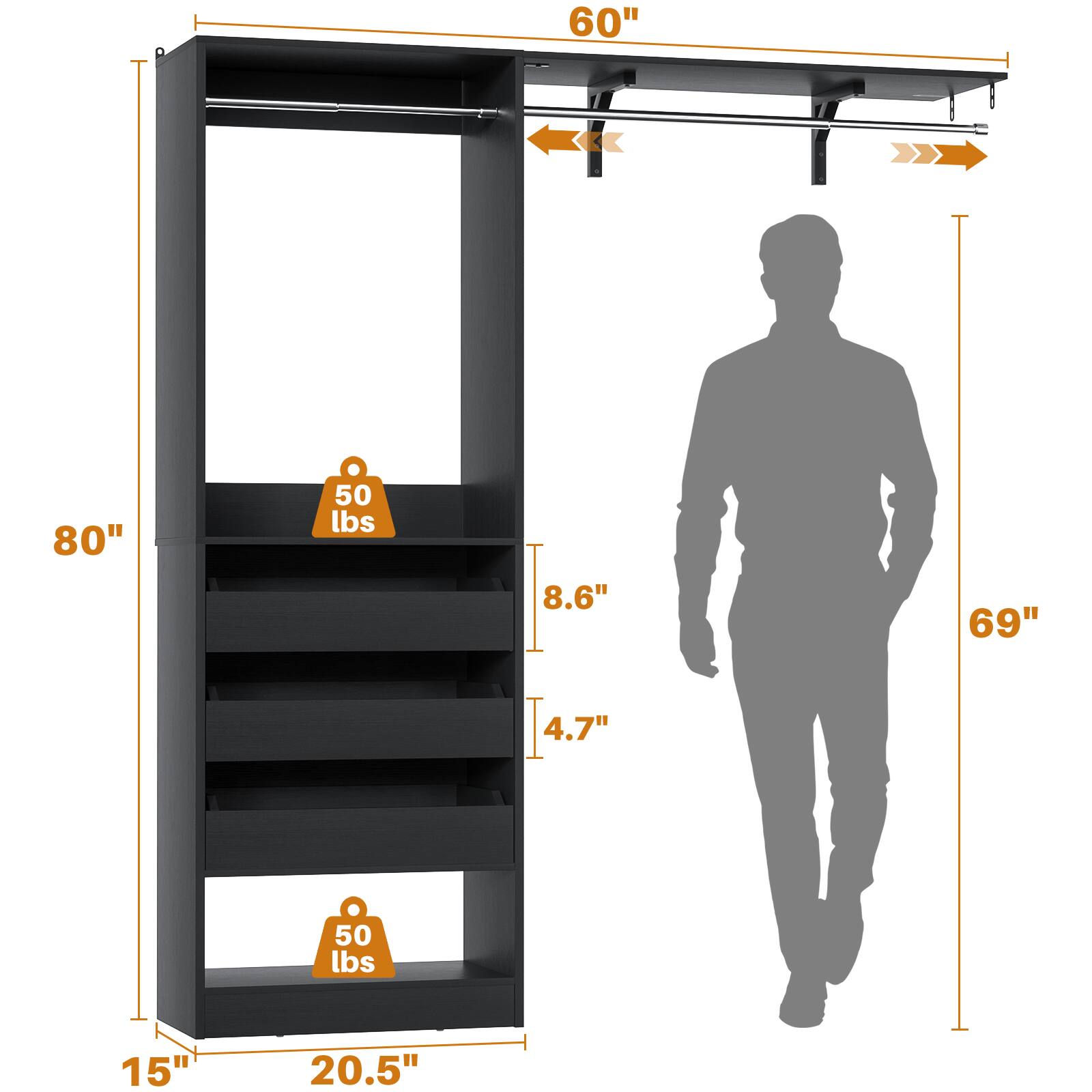 60" 80" 50 lbs 8.6" 69" 4.7" 50 lbs 15" 20.5"