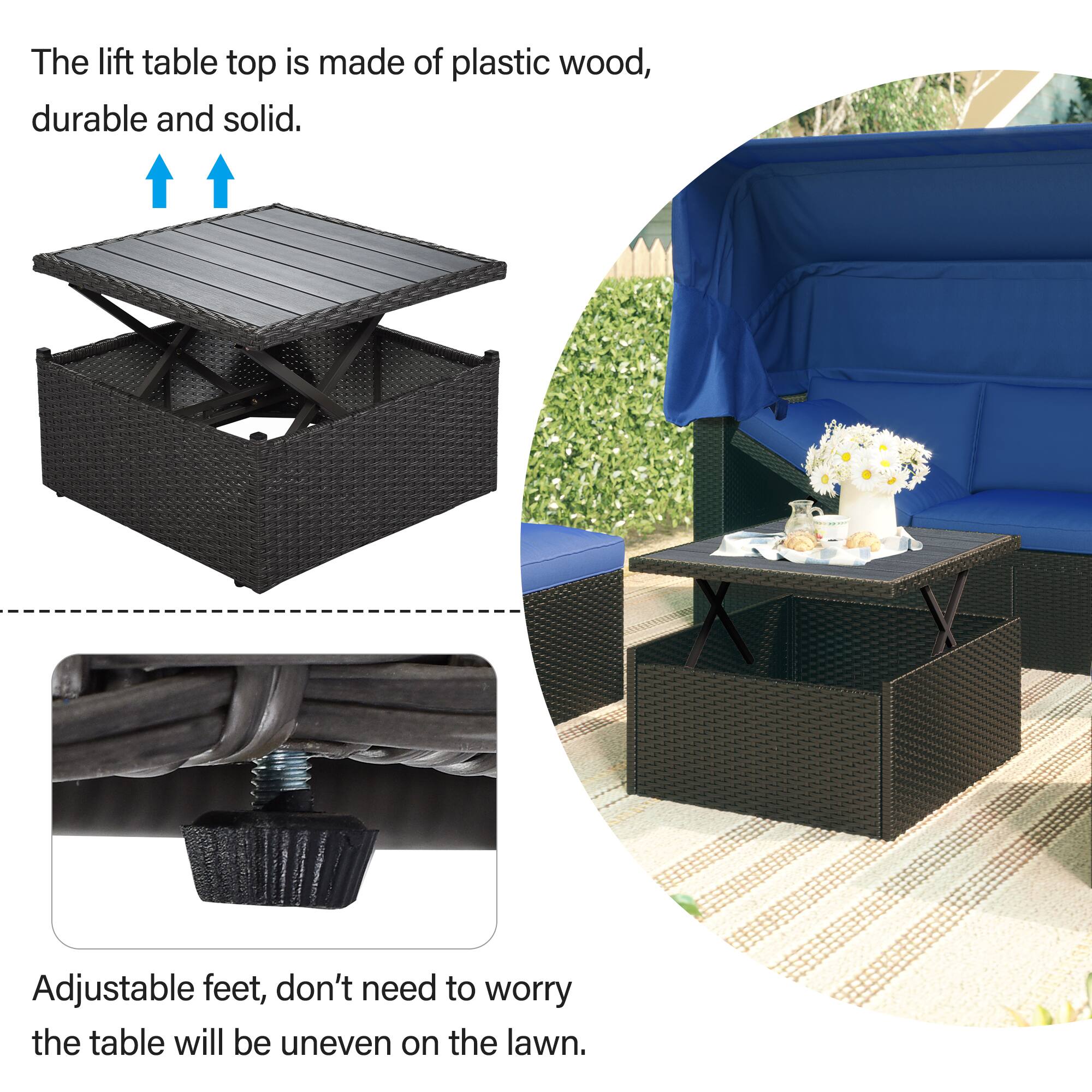 The lift table top is made of plastic wood, durable and solid.

Adjustable feet, don't need to worry the table will be uneven on the lawn.