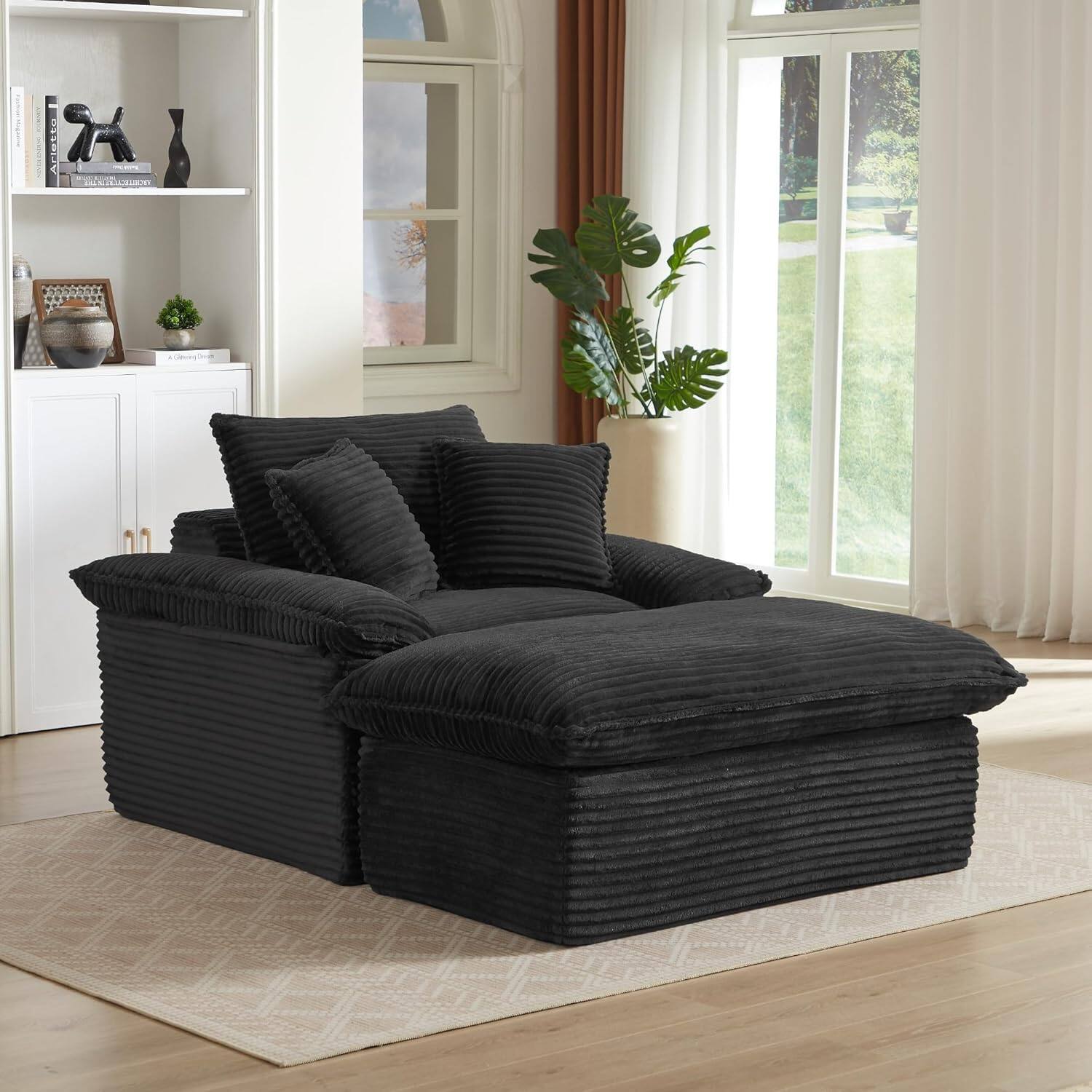 Front. Trinkets Crazed - Modern Oversized Single Sofa Chair with Footrest Upholstered Chaise Lounge - black.