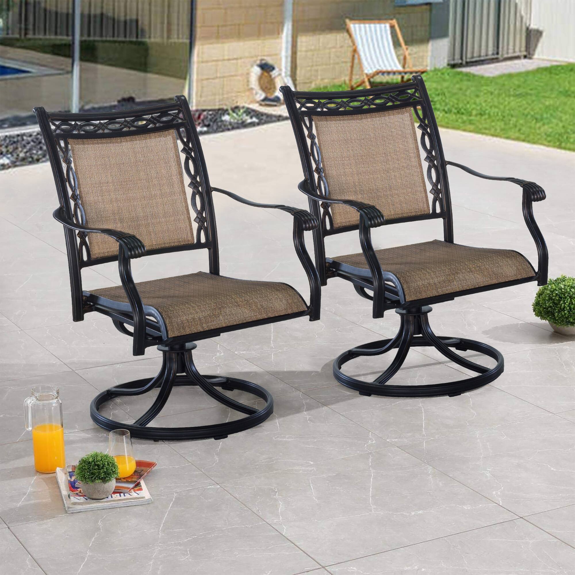 Angle. Mondawe - 2-Piece Outdoor Patio Cast Aluminum Swivel Sling Chair - Black+Brown.