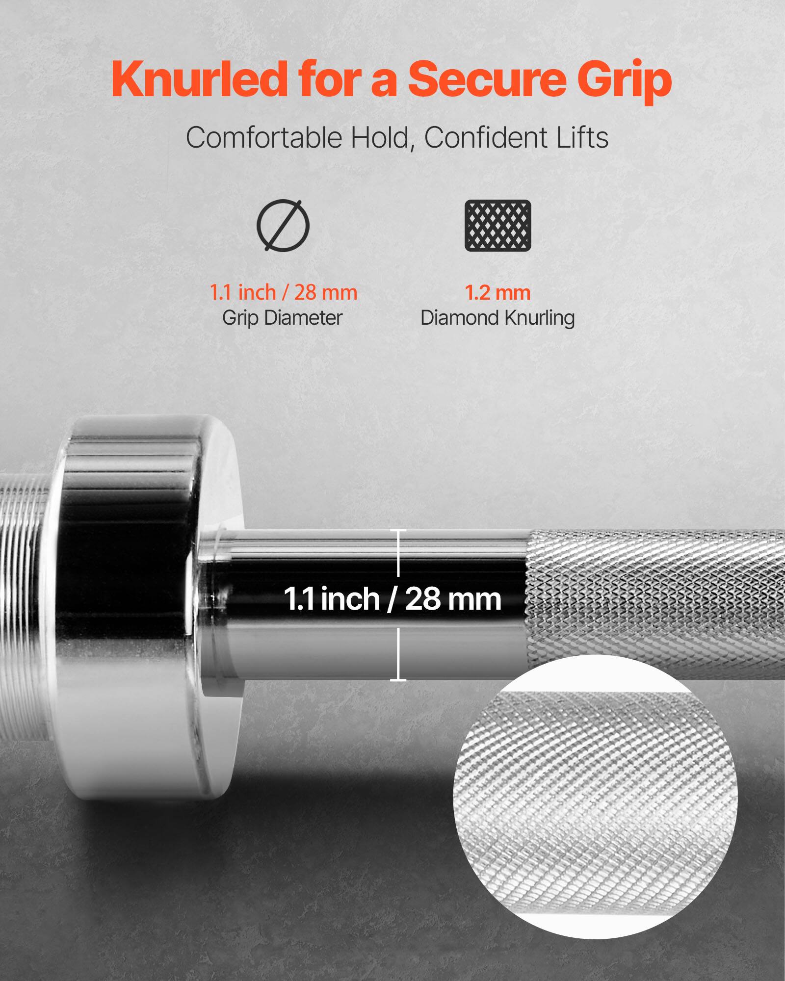 Knurled for a Secure Grip  
Comfortable Hold, Confident Lifts  

1.1 inch / 28 mm Grip Diameter  
1.2 mm Diamond Knurling