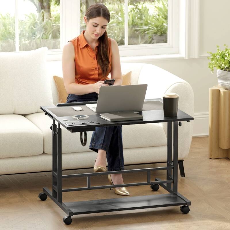 Left. Anysun - 31.5" Adjustable Standing Desk with Power Outlets, Tiltable Tabletop & Wheels, Mobile Workstation for Home Office - Black.
