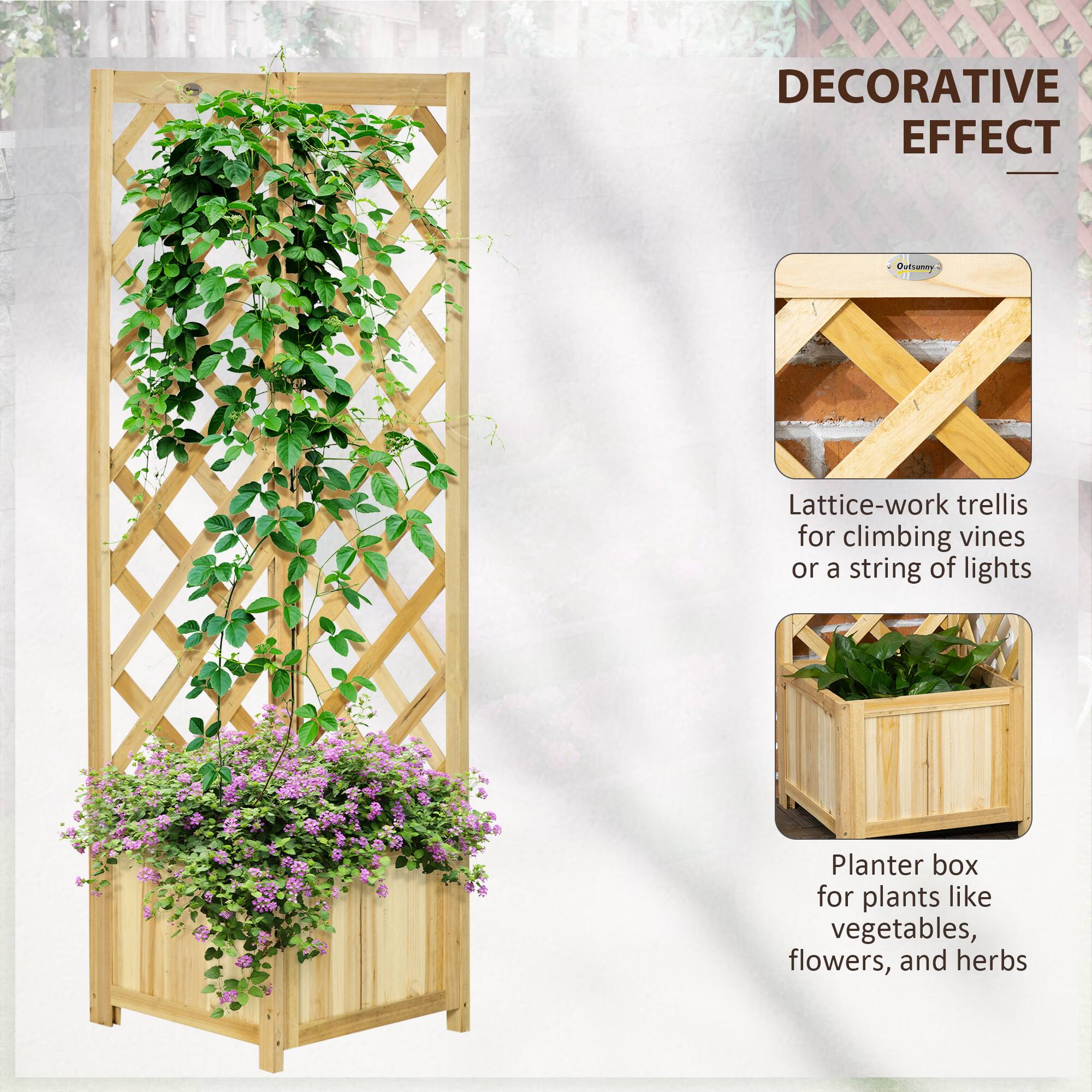 DECORATIVE EFFECT

Lattice-work trellis for climbing vines or a string of lights

Planter box for plants like vegetables, flowers, and herbs