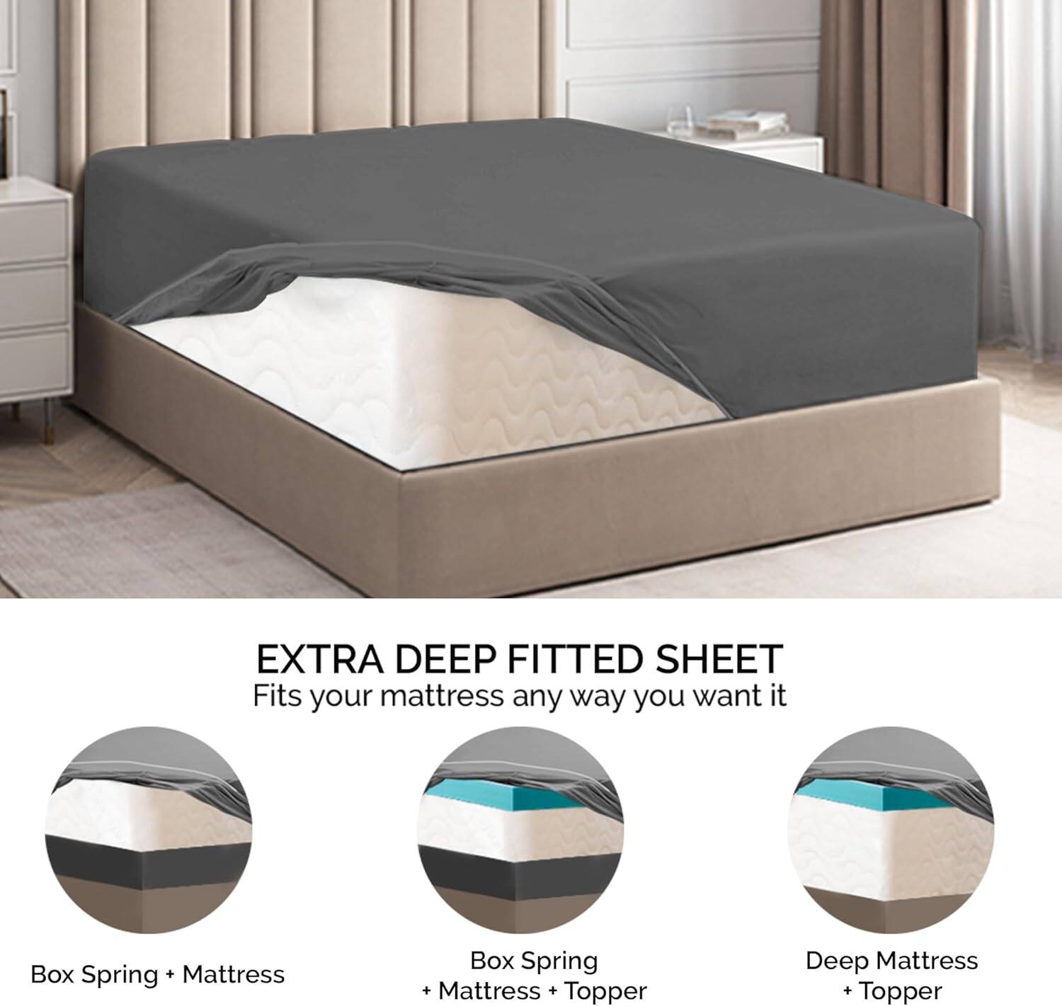 EXTRA DEEP FITTED SHEET  
Fits your mattress any way you want it  

- Box Spring + Mattress  
- Box Spring + Mattress + Topper  
- Deep Mattress + Topper