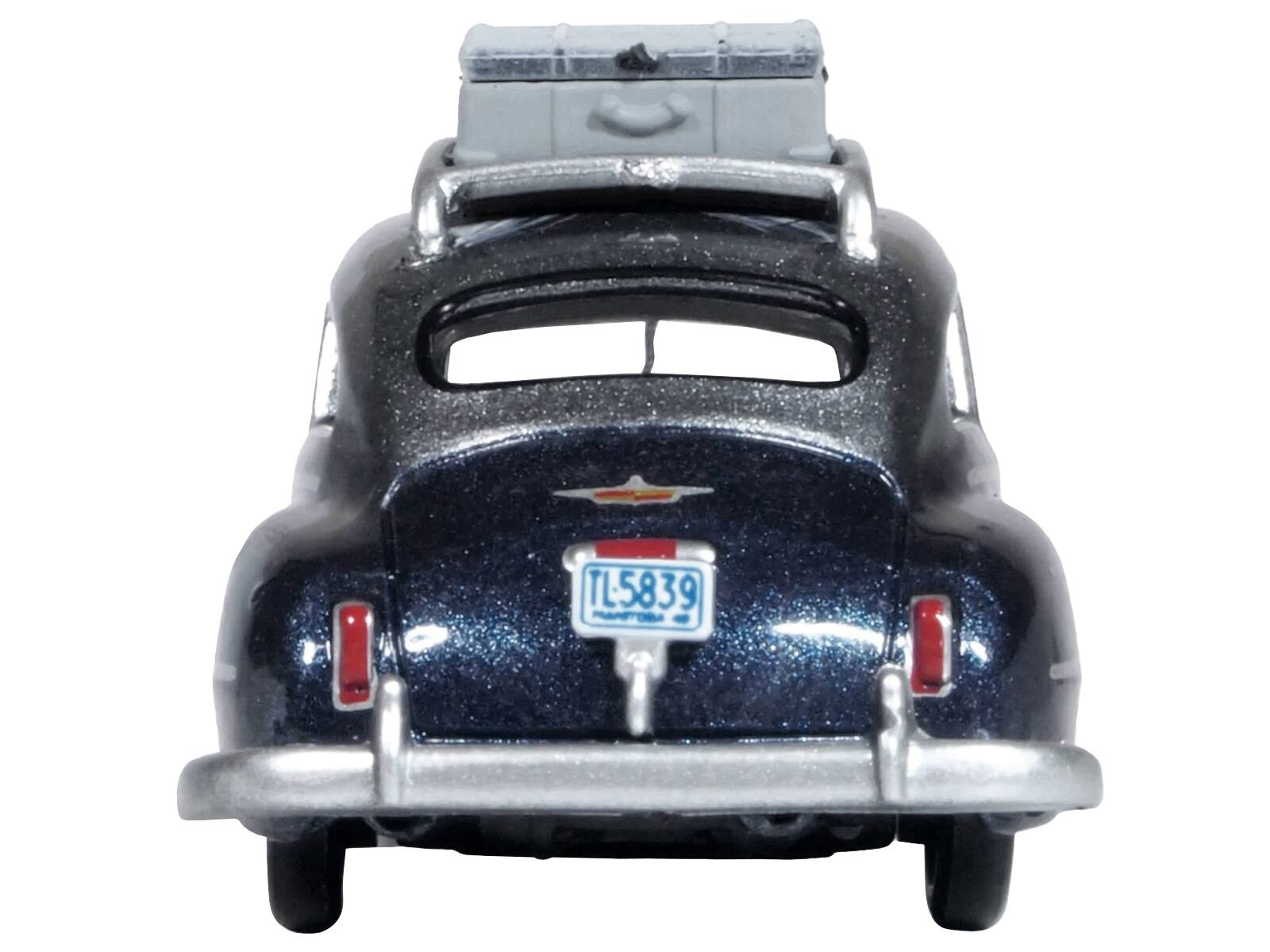 Back. Oxford Diecast - 1946 DeSoto Suburban with Roof Rack and Luggage Butterfly Blue Metallic with Crystal Gray Top 1/87 (HO) Scale - Blue Metallic, Gray.