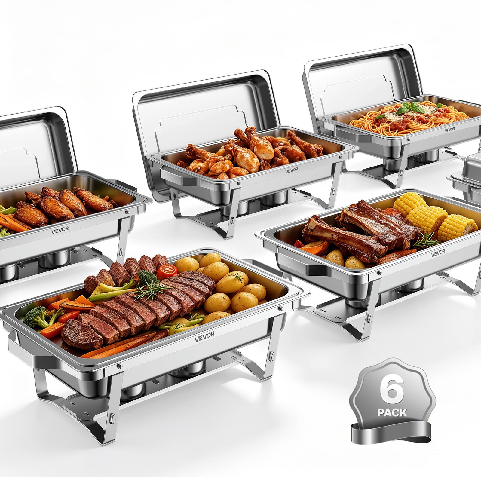 VEVOR 6 Packs Chafing Dishes for Buffet Set, 9QT Stainless Steel Chafer ...