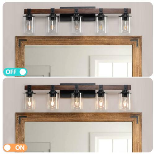 Alt View 1. LUCKY ONE - 35in Rustic 5-Light Vanity Light, Industrial Farmhouse Bathroom Sconce with Wood Accent - Walnut.
