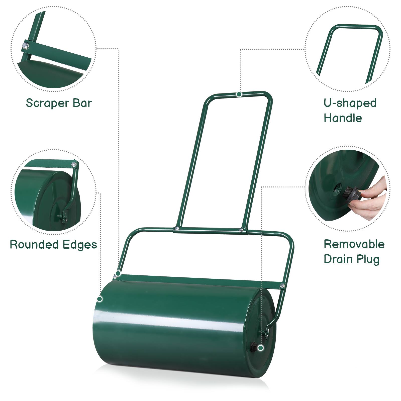 Scraper Bar  
U-shaped Handle  
Rounded Edges  
Removable Drain Plug