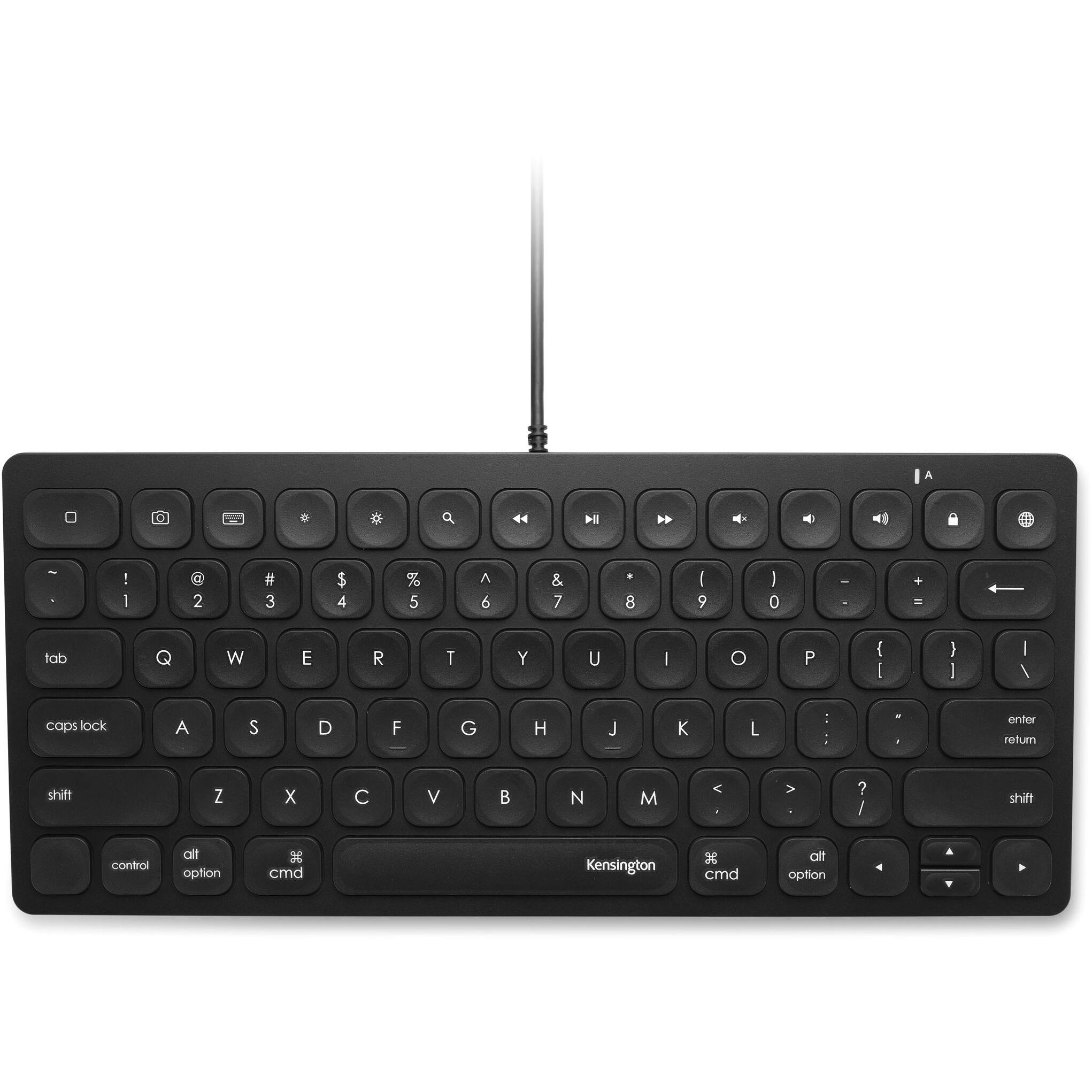 A Kensington wireless keyboard:

- Top row: 1 2 3 4 5 6 7 8 9 0 - + tab
- Second row: Q W E R T Y U I O P { } \ caps lock
- Third row: A S D F G H J K L : enter return shift
- Fourth row: Z X C V B N M , . / shift
- Bottom row: control option cmd cmd option alt

Special keys:
- Kensington logo
- Function keys (F1-F12) with additional symbols
- Arrow keys
- Insert, delete, home, end, page up, page down
- Media control keys (play, pause, stop, etc.)
- Kensington logo with a globe icon