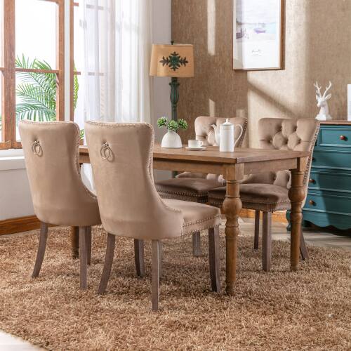 Alt View 4. LUCKY ONE - Assembled Tufted Velvet Dining Chair Set of 2 with Wood Legs Nailhead Trim High Back - khaki.