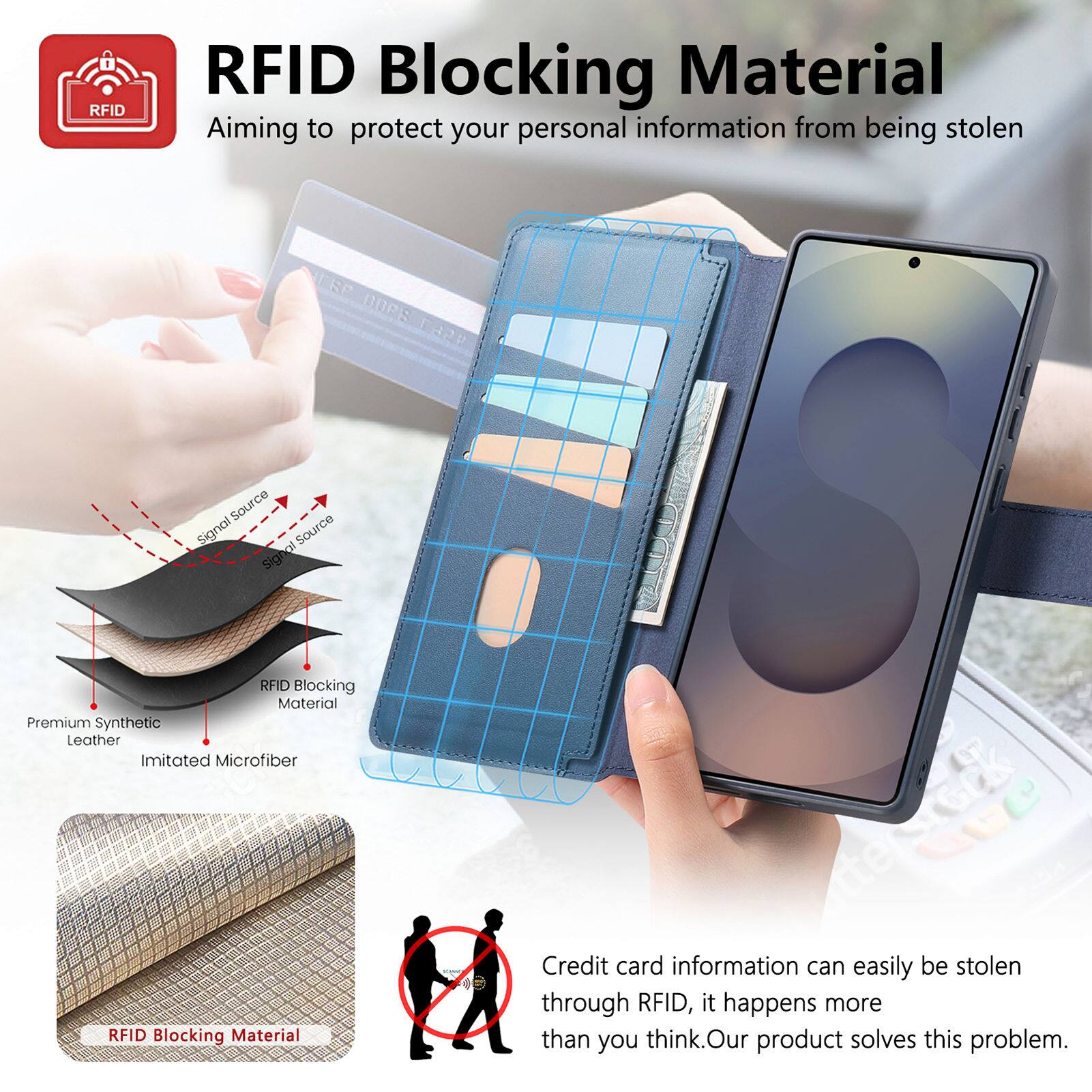 RFID Blocking Material  
Aiming to protect your personal information from being stolen  

Signal Source  
Source of Signo  

Premium Synthetic Leather  
Imitated Microfiber  

Credit card information can easily be stolen through RFID, it happens more than you think. Our product solves this problem.