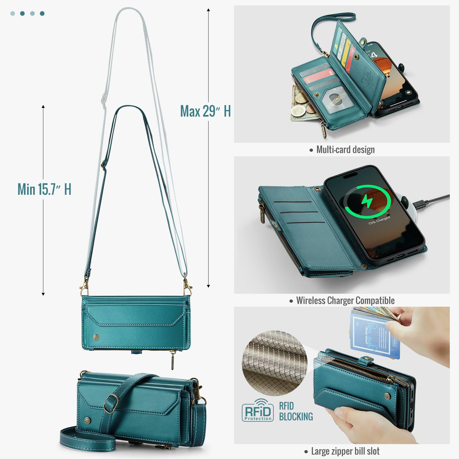 Max 29" H  
Min 15.7" H  
Multi-card design  
4 75% Charged  
Wireless Charger Compatible  
RFID Protection BLOCKING  
Large zipper bill slot