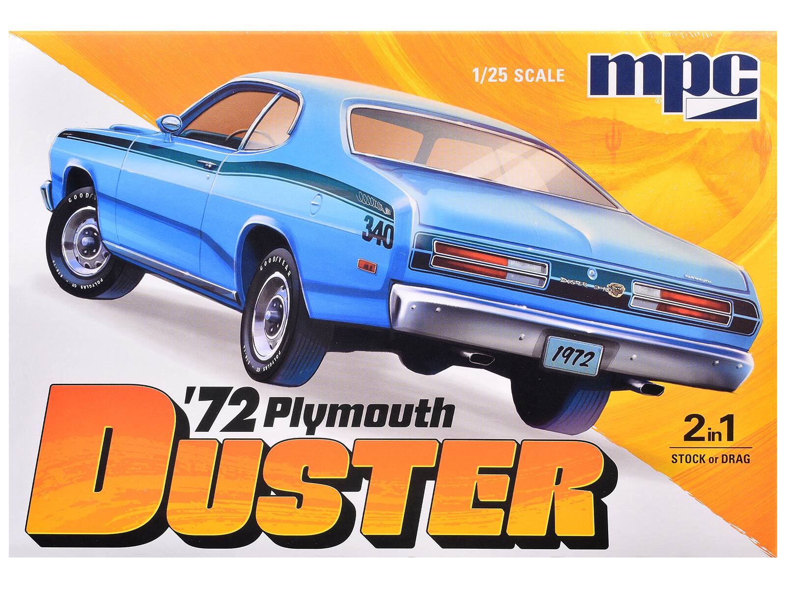 1/25 SCALE  
mpc  
GOOD YEAR  
340  
1972  
'72 Plymouth DUSTER  
2 in 1  
STOCK or DRAG