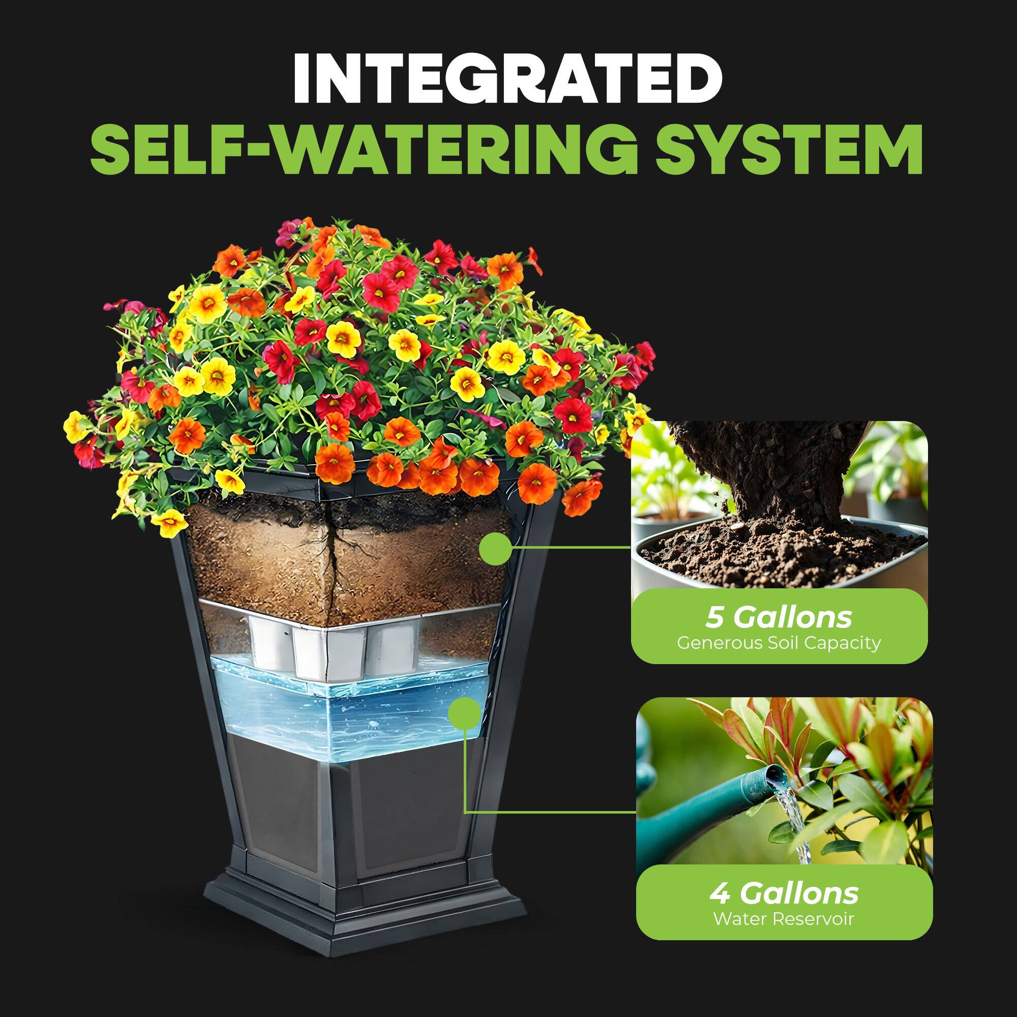 INTEGRATED SELF-WATERING SYSTEM

5 Gallons Generous Soil Capacity

4 Gallons Water Reservoir