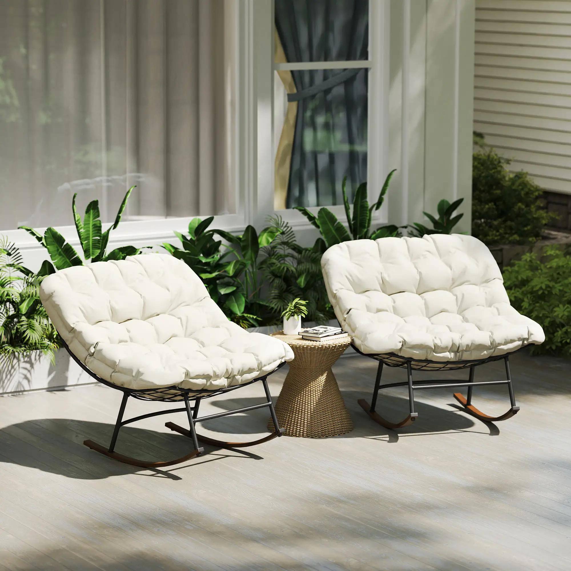Left. Resenkos - Resenkos Oversized Rocking Chairs Set of 2, Beige Garden Porch Papasan Chairs with Comfortable Cushions, Beige - Beige.