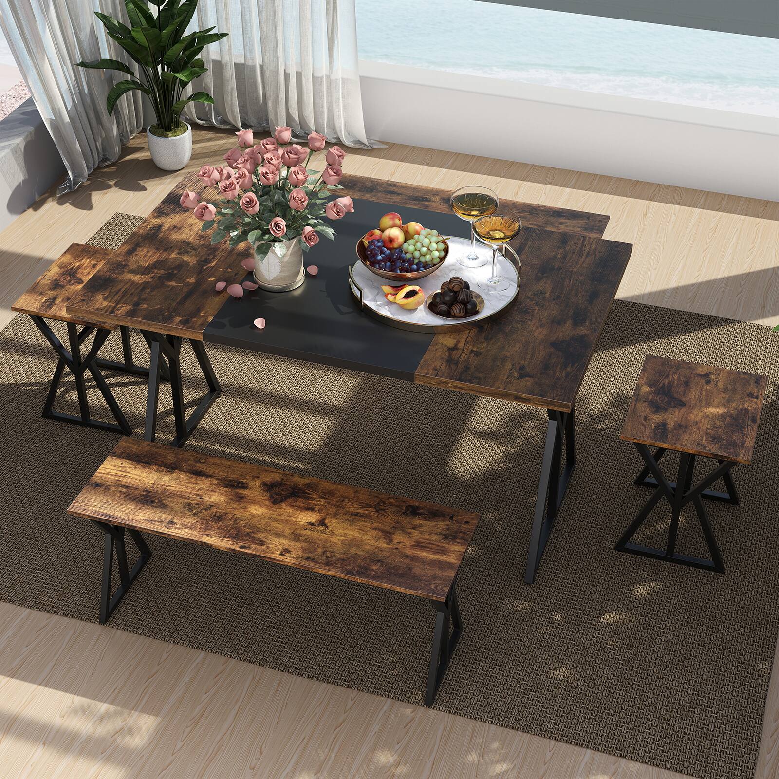 Alt View 3. Gymax - Gymax 5-Piece Dining Room Set w/ 2 Benches & 2 Stools Metal Frame for Small Room - Brown.