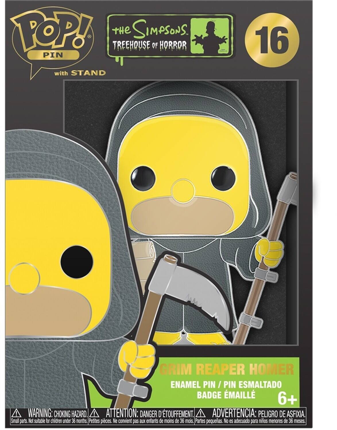 POP! The Simpsons. Treehouse of Horror Pin with Stand 16 Grim Reaper Homer Enamel Pin / Pin / Pin Esmaltado Badge Maill 6+ Warning: Choking Hazard. Attention: Danger d'touffement. Advertencia: Peligro de asfixia. Small parts. Not suitable for children under 36 months. Petites pieces. Ne convient pas XUS enfants de moins de 36 mois. Partes pequeras. No es adecuado para nios menores de 36 meses.
