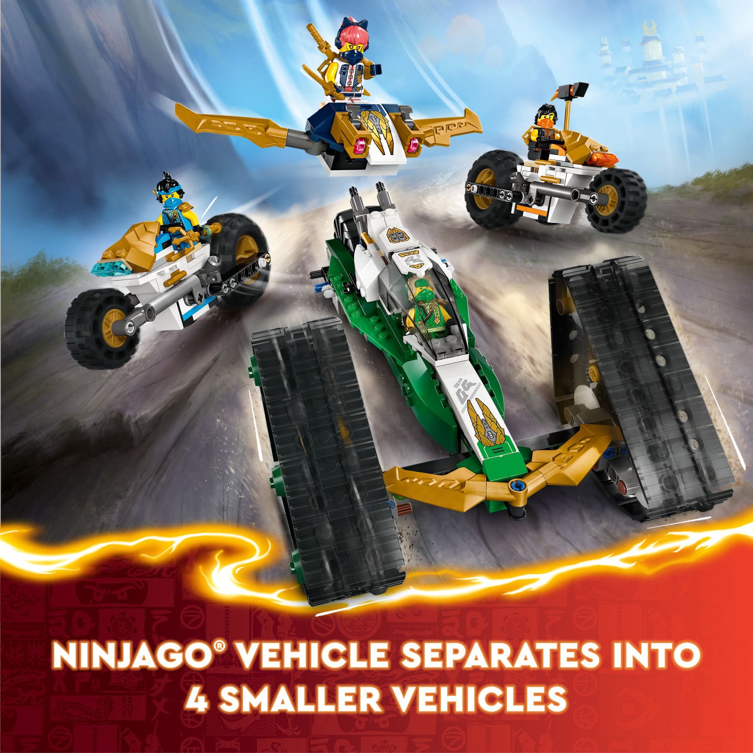 Ninjago vehicle separates into 4 smaller vehicles.