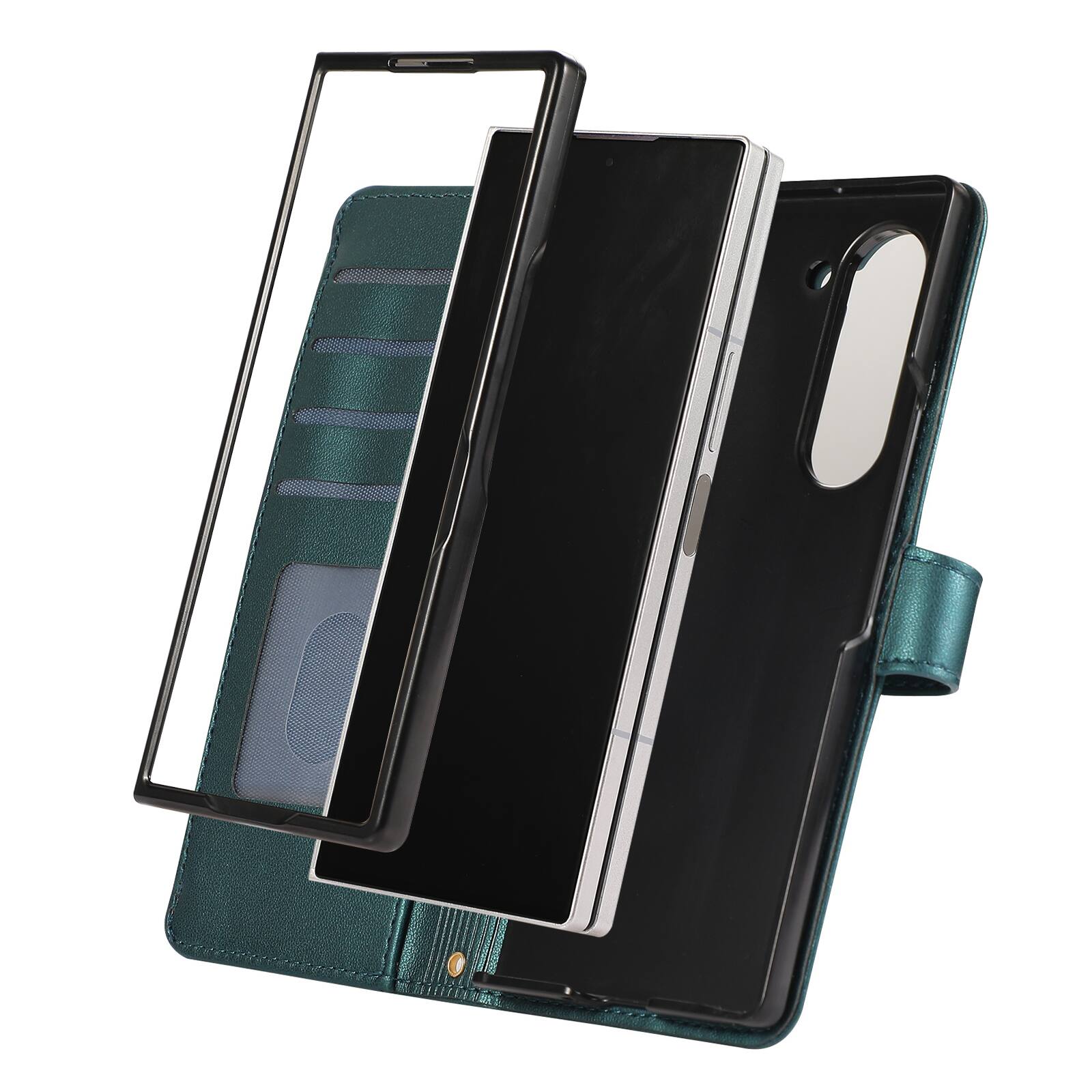 Angle. Dteck - Shockproof Wallet Case for Samsung Galaxy Z Fold7 with Crossbody Strap, Zipper Pocket PU Leather TPU Folio Stand Cover - Green.