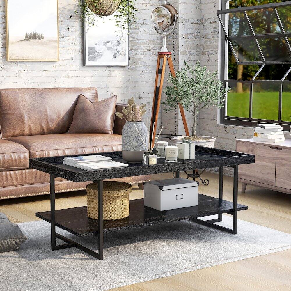 Alt View 3. Furniture of America - Prakers Industrial Wood 1-Shelf Coffee Table in Black - Black.