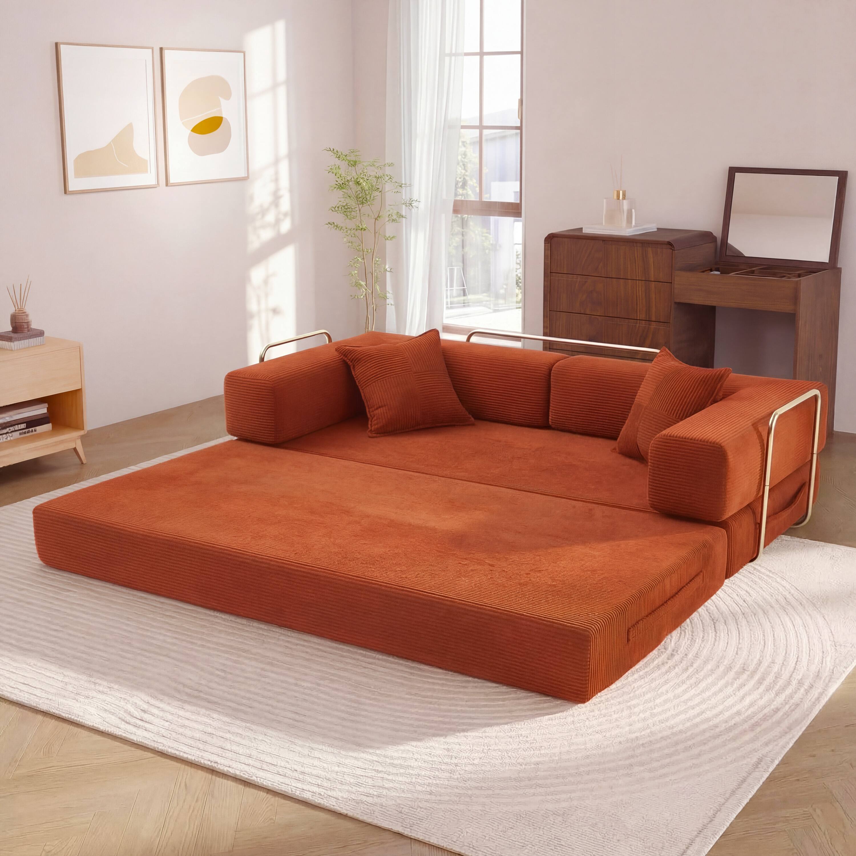 Angle. Dyonery - 78.74" Sectional Modular Sofa Bed, Boneless Loveseat Couch with Armrest for Living Room Bedroom Guest Room - Orange.