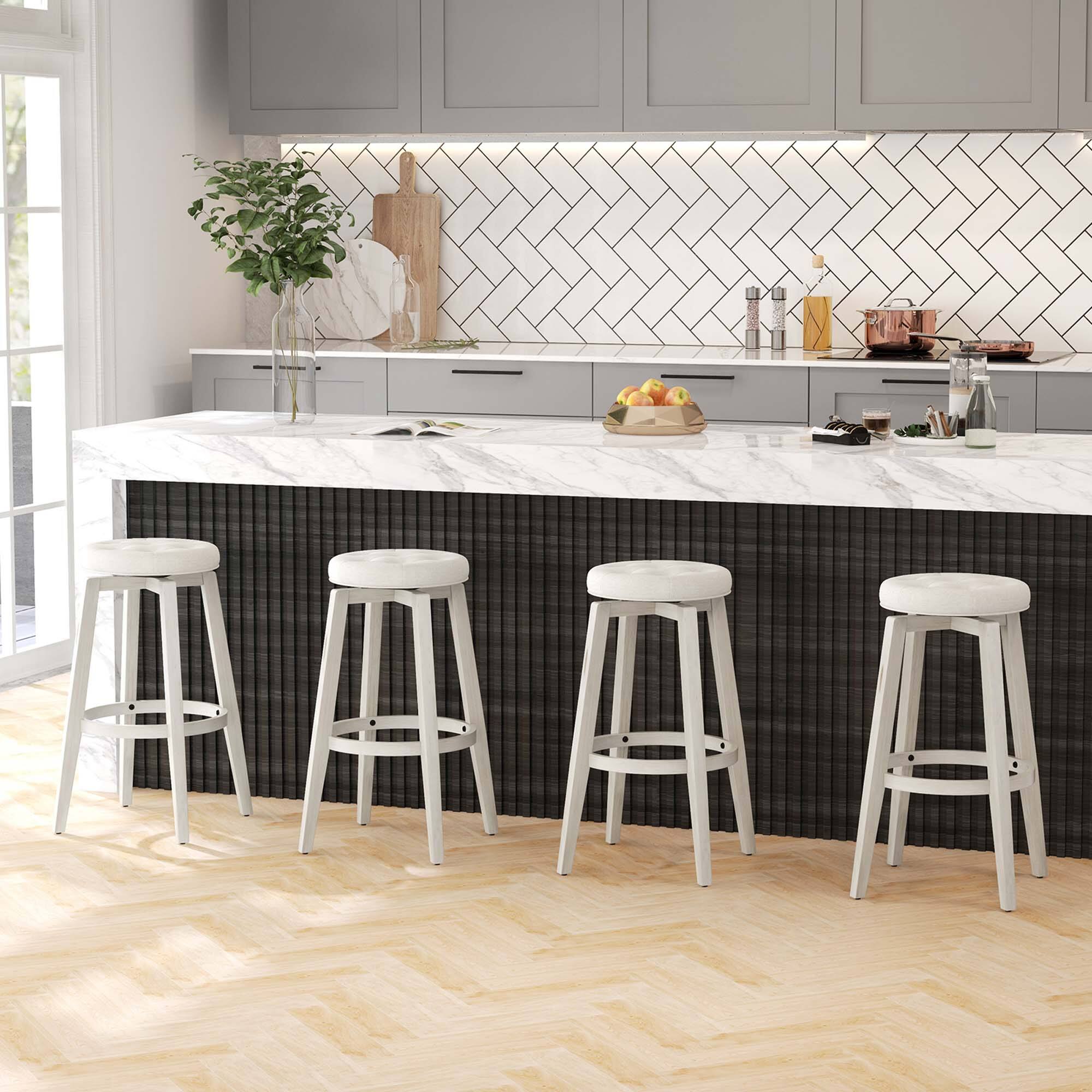 Alt View 4. Costway - 30" Swivel Bar Stool Set of 2 Upholstered Bar Height Rubber Wood Frame - White.