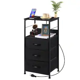 Oumilen - Nightstand with 3 Fabric Drawers and Charging Station - Black