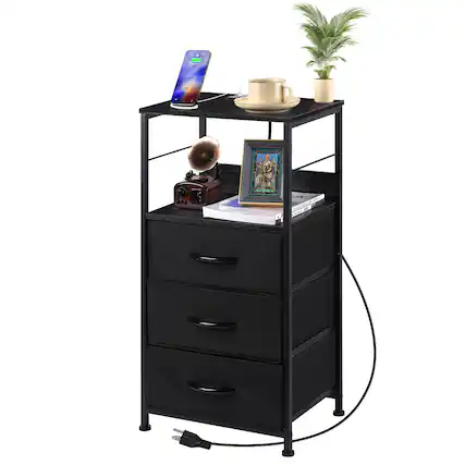 Front. Oumilen - Nightstand with 3 Fabric Drawers and Charging Station, Black - Black.
