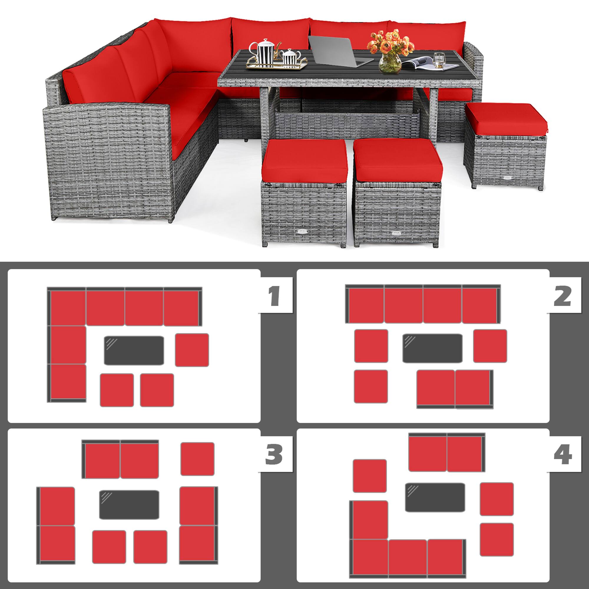 Alt View 5. Gymax - Gymax 7PCS Rattan Patio Sectional Sofa Set Conversation Set w/ Red Cushions - Red.
