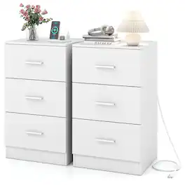 Costway - 2 PCS Nightstand with Charging Station, 3 Storage Drawers, Bedside Table for Bedroom - White