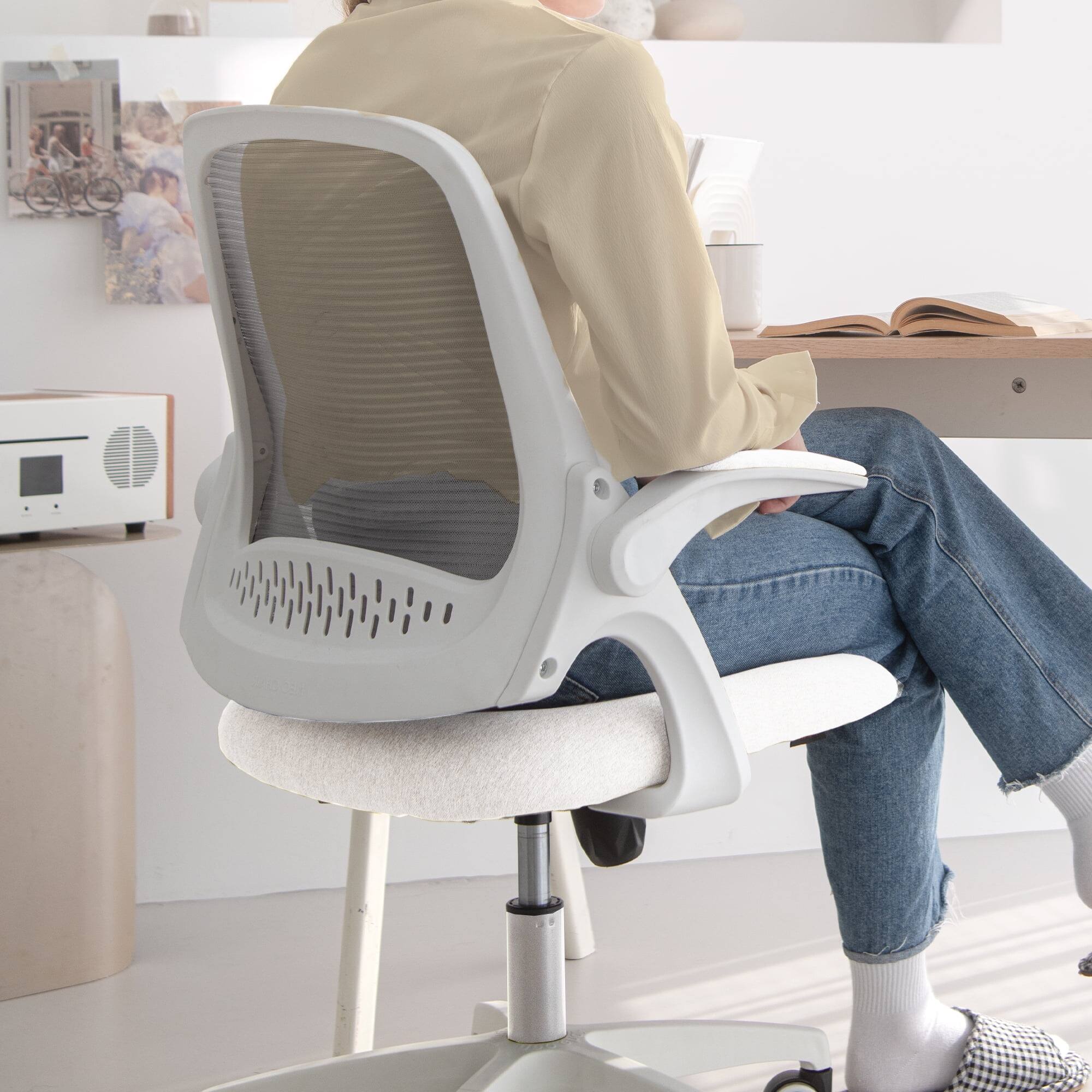 Alt View 5. Neo Chair - Office Desk Chair Computer Ergonomic Lumbar Back Support with Flip-up Padded Armrest and Wheels for Home Vanity Study - Plastic Base-Ivory.