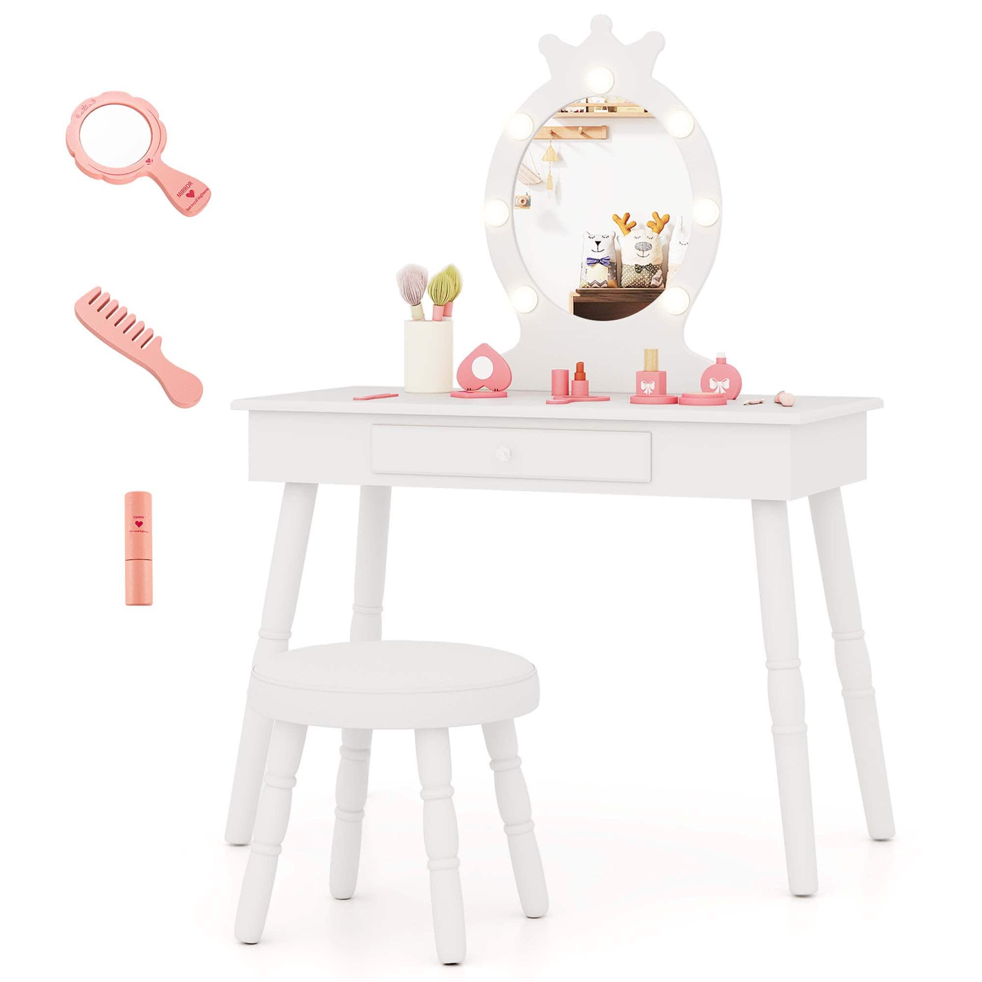 Costway - Kids Vanity Set Princess Vanity Table & Chair Set with Lighted Mirror - White price history on PriceWatchPro