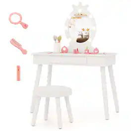 Costway - Kids Vanity Set Princess Vanity Table & Chair Set with Lighted Mirror - White