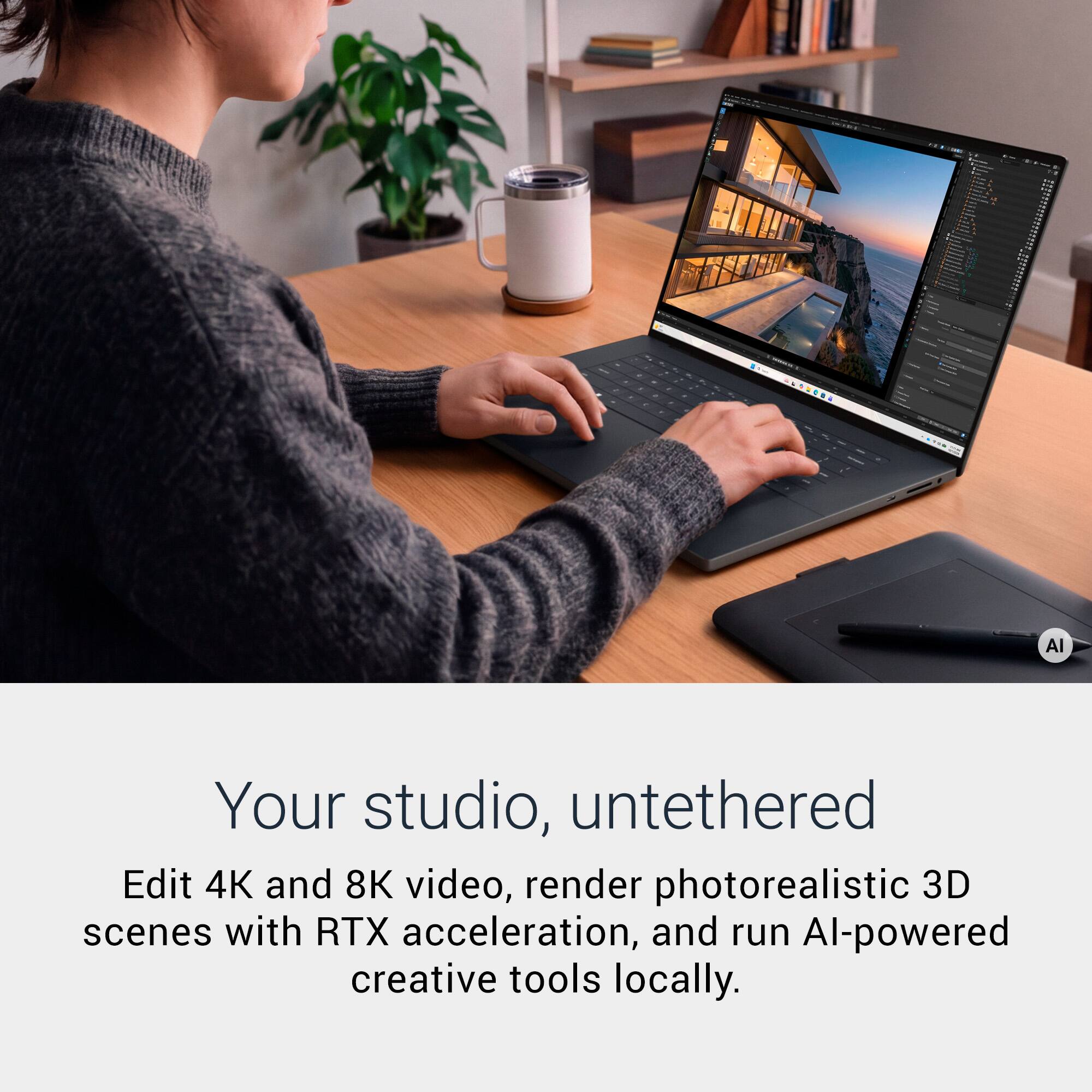 Your studio, untethered  
Edit 4K and 8K video, render photorealistic 3D scenes with RTX acceleration, and run AI-powered creative tools locally.
